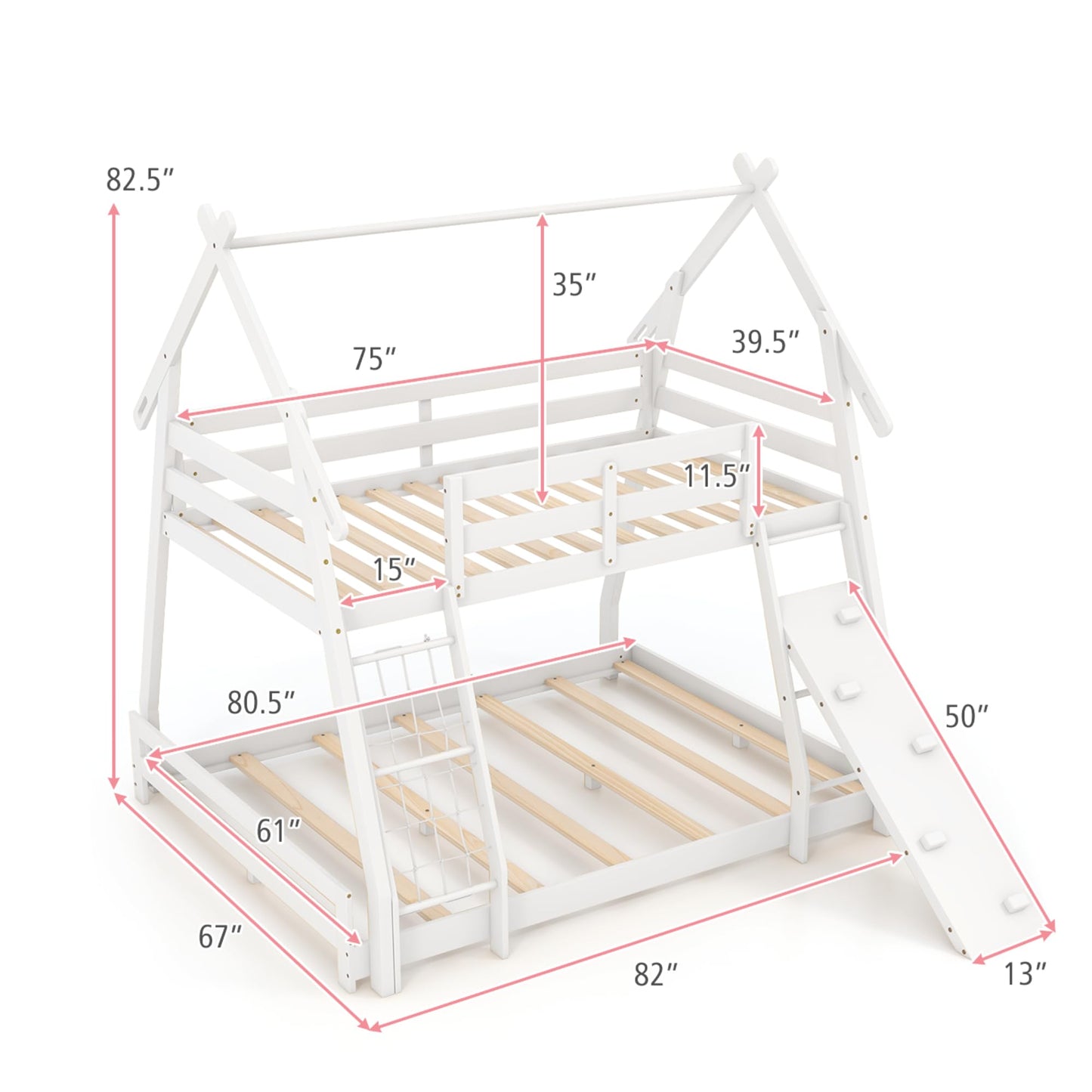 KOMFOTT Wood Twin Over Queen House Bunk Bed, Playhouse Floor Low Bunk Bed with Climbing Nets & Ramp, Space Saving Solid Wood Bunk Bed Frame with Safety Guardrails, Not Box Spring Required (White)