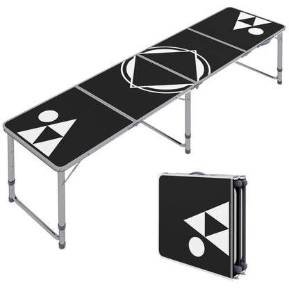 8ft Portable Beer Pong Table with Adjustable Legs, Folding Camping Table, Aluminum Picnic Table, for Party, Travel, BBQ, Beach, Black and White