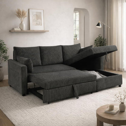 Trygoal Sectional Sleeper Sofa with Pull Out Bed, L Shape Convertible Sofa Bed Couch with Storage Chaise, 3 in 1 Pull Out Sofa Bed with 3 Seats for Living Room,Apartment, Black, 85Inch