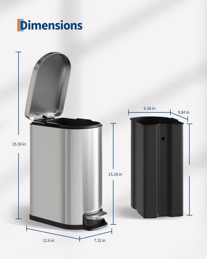 Garvee 13 gal (50 L) and 2.6 gal (10 L) Stainless Steel Trash Can Combo Set, Rustproof Garbage Can with Lid for Kitchen and Bathroom, Step-on Trash Bin with Inner Bucket, Rear Handle, Silver