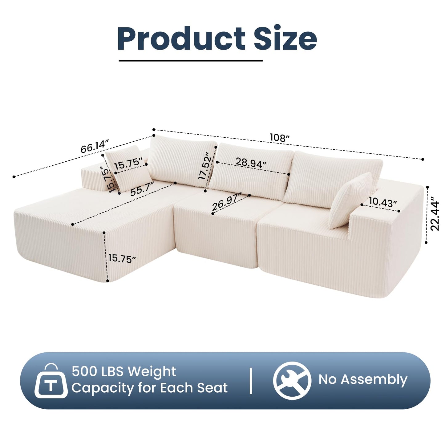 DUMOS 108” Modular Sectional Sofa, Cloud Sectional Couch with Deep Seat, Modern Modular L-Shape Sofa Couch with Chaise,Upholstered Boneless Couches for Living Room Bedroom (Beige,Left Facing Chaise)