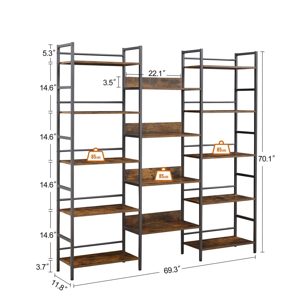 SKYXIU Triple Wide 5 Tier Bookshelf,Rustic Industrial Style Bookcases and Bookshelves with 14 Open Display Shelves,Large Open Bookshelves for Home&Office, Rustic Brown