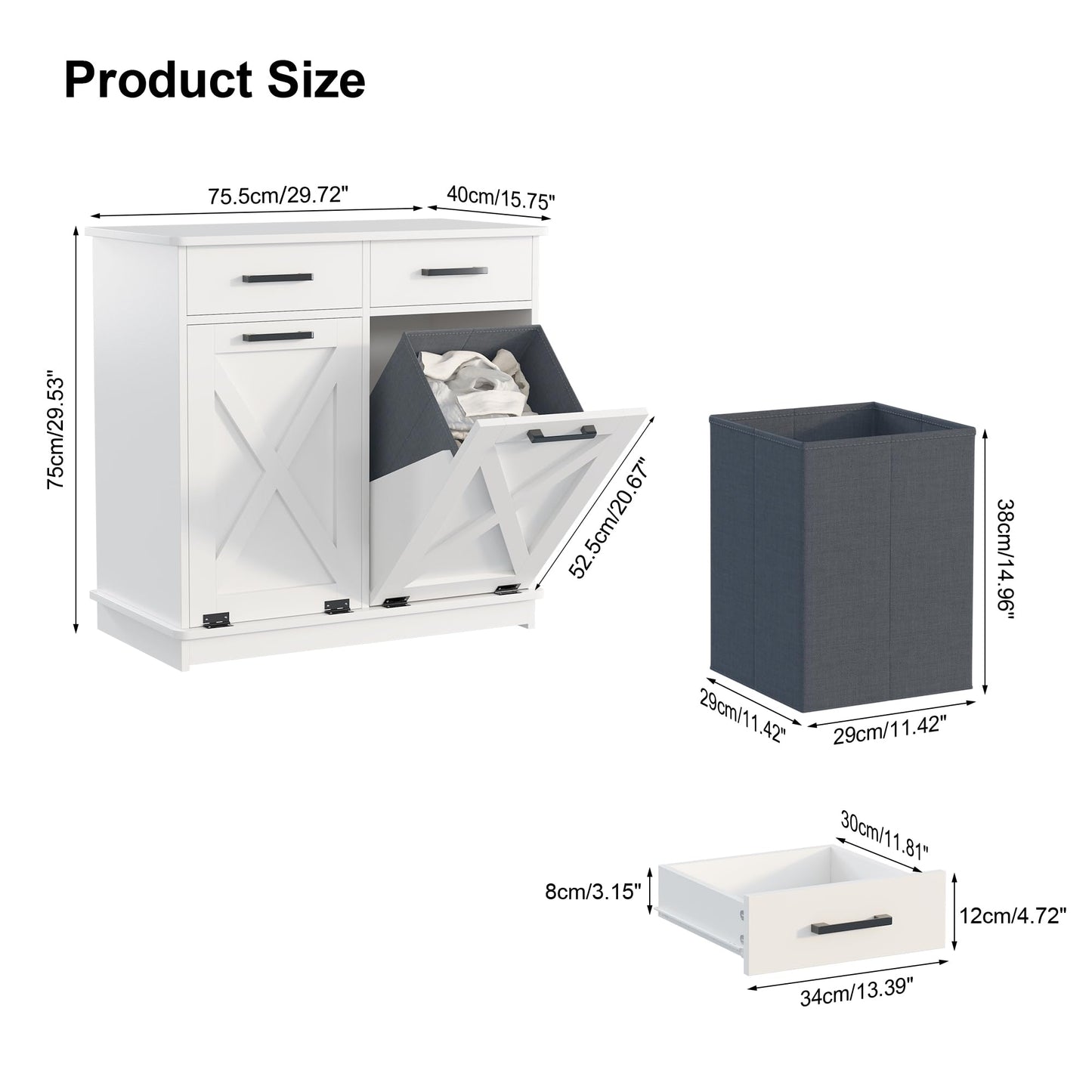 Mepplzian White Double Tilt Out Laundry Hamper Cabinet Laundry Basket Cabinet Hidden Laundry Hamper with 2 Drawers & 2 Baskets for Bathroom,30x30x16in（Barn Door Panel）