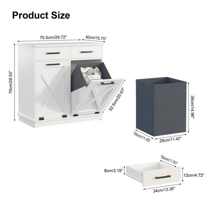 Mepplzian White Double Tilt Out Laundry Hamper Cabinet Laundry Basket Cabinet Hidden Laundry Hamper with 2 Drawers & 2 Baskets for Bathroom,30x30x16in（Barn Door Panel）