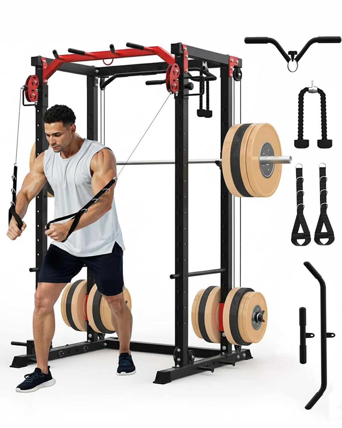 Power Cage, Power Rack with Cable Crossover System, 2000LBS Squat Rack with LAT Pull Down System, Workout Cage with Pulley System for Fitness Home Gym Strength Training