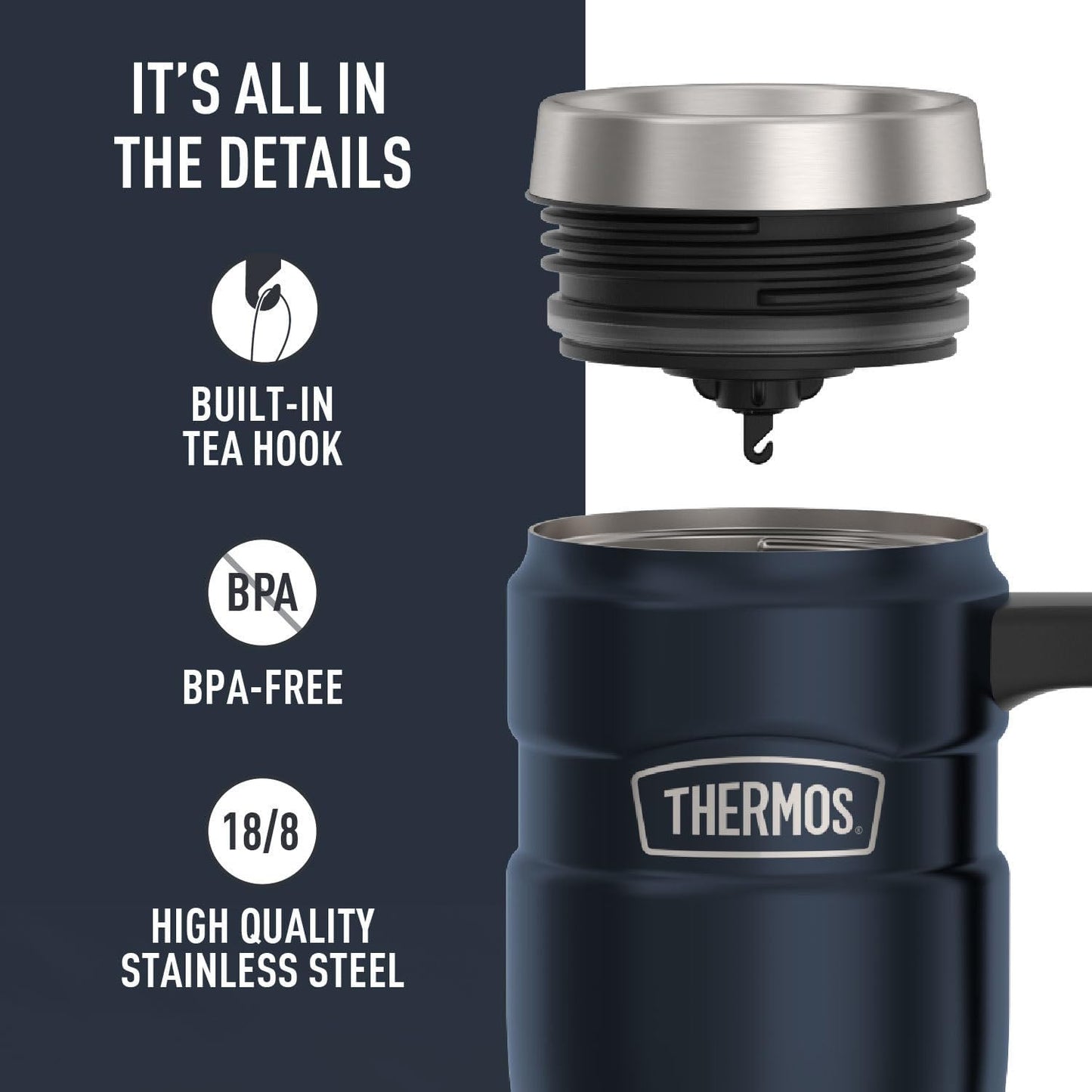 THERMOS Stainless King Travel Mug - 16oz Vacuum-Insulated, Midnight Blue - Leak-Proof Coffee Tumbler for Hot & Cold Drinks