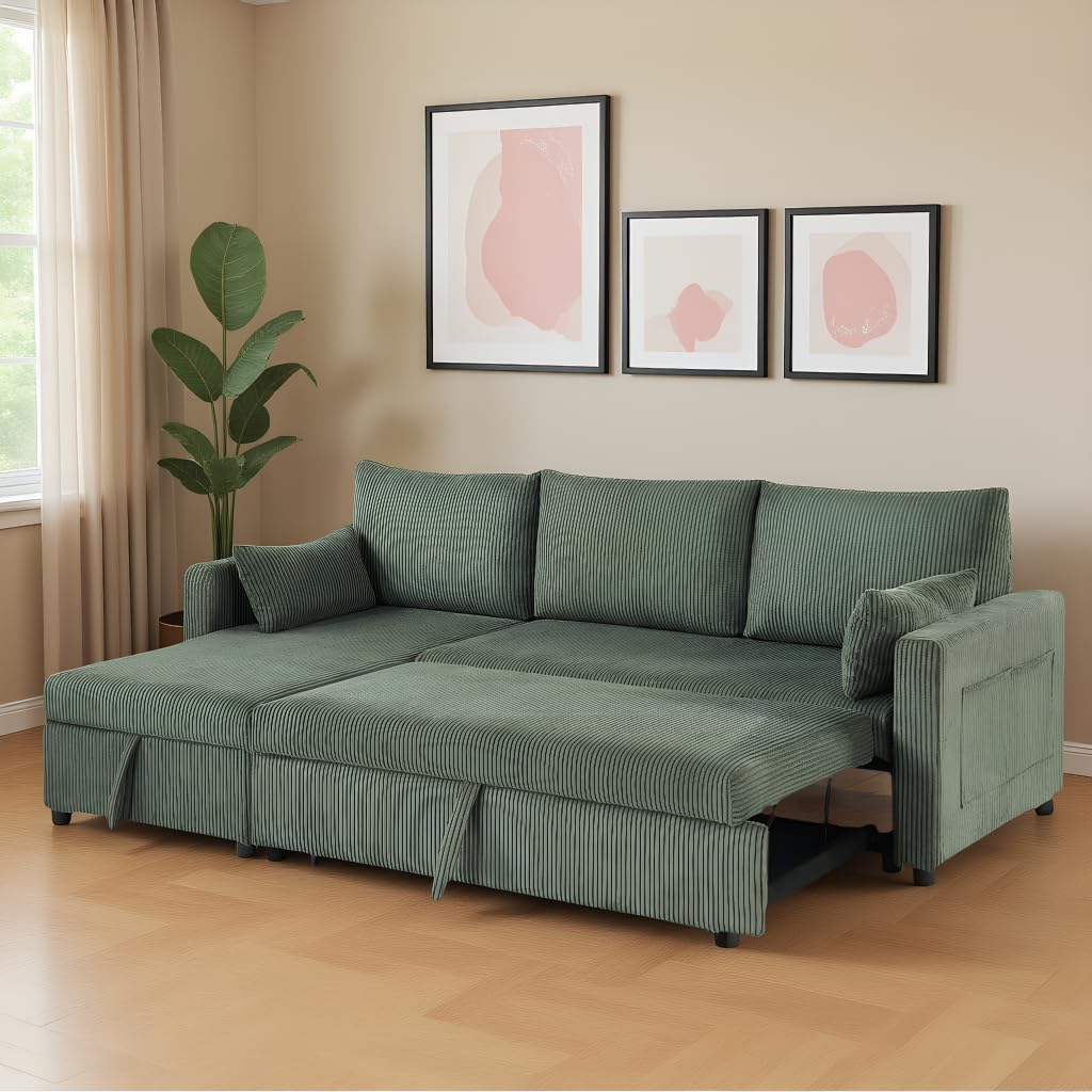 Trygoal Sectional Sleeper Sofa with Pull Out Bed, LShape Convertible Sofa Bed Couch with Storage Chaise, 3 in 1 Pull Out Sofa Bed with 3 Seats, for Living Room,Apartment, Green, 85Inch