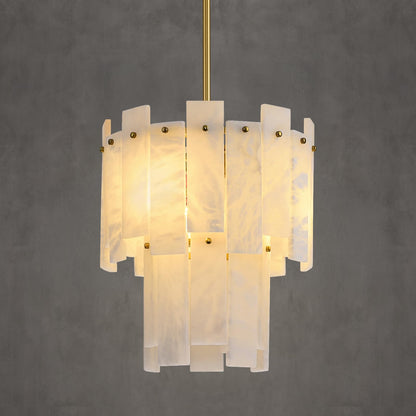PIOUTNF Alabaster Round Chandelier, 2-Tier Spanish Alabaster Chandeliers, Warm White, 13" Modern Small Gold Marble Pendant Chandeliers for Foyer, Kitchen Island, Dining Room, Bedroom