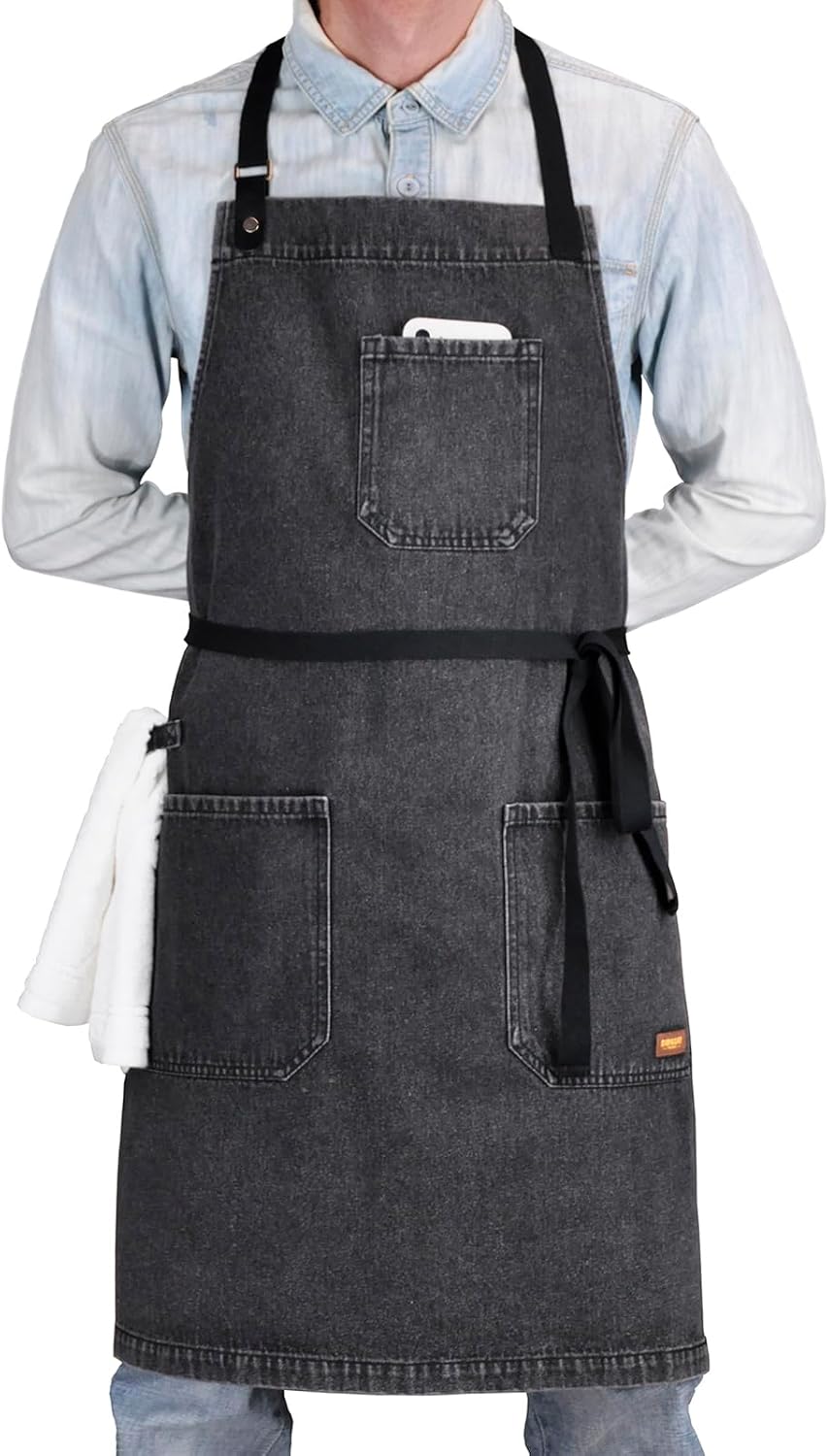 '-2) Denim Apron with Pockets, Professional for Mens Womens Chef Kitchen Cooking Grill BBQ Painting Baking, Black Bib