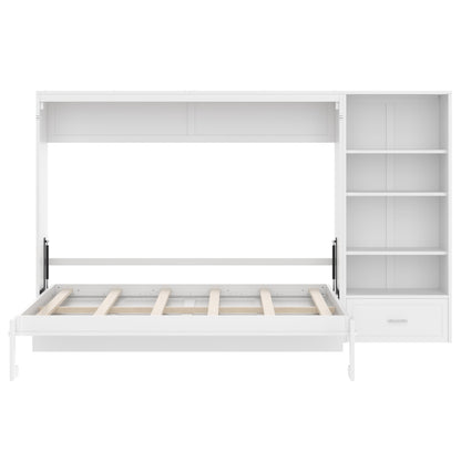 Bellemave Queen Murphy Bed with Height Adjustable Storage Compartments and Shelf, Wall Bed Frame, Murphy Cabinet with Foldable Panel, Noisy Free, for Guest Bedroom, Living Room, White