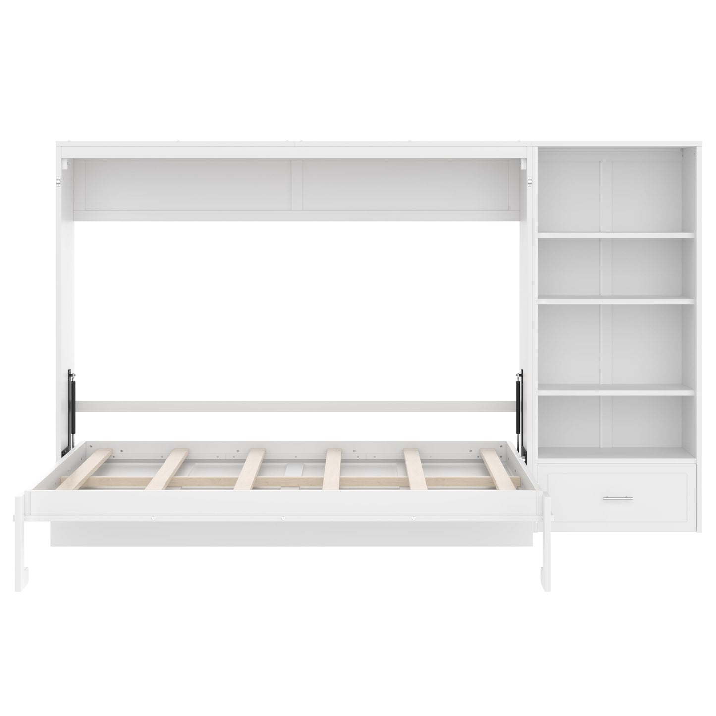 Murphy Bed Queen,Murphy Bed with Height Adjustable Storage Compartments and Shelf,Wall Bed Frame w/ 1 Drawer, Multifunctional Foldable Platform Bed for Bedroom,Guest Room,White