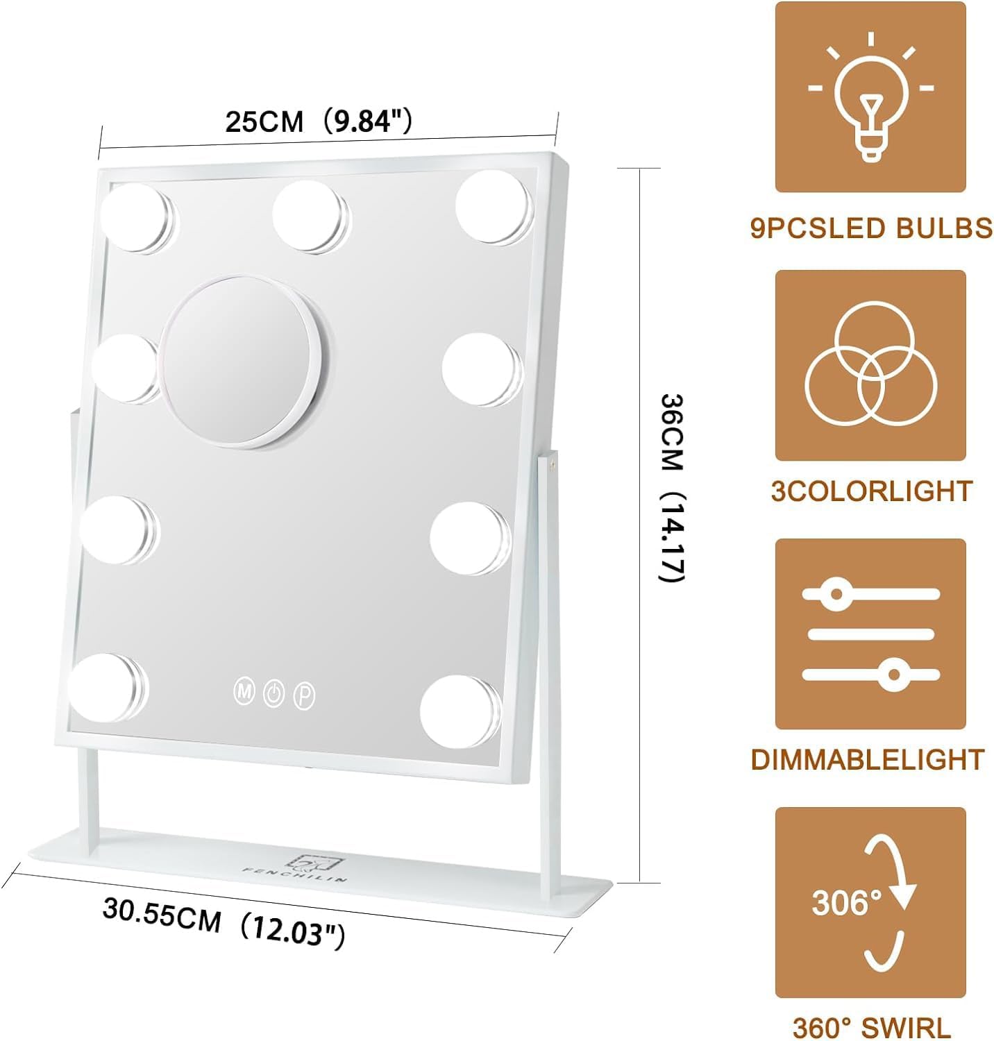 FENCHILIN Vanity Mirror with Light Lighted Makeup Mirror Vanity Makeup Mirror Smart Touch Control 3Colors Dimable Light Detachable 10X Magnification 360°Rotation(White)
