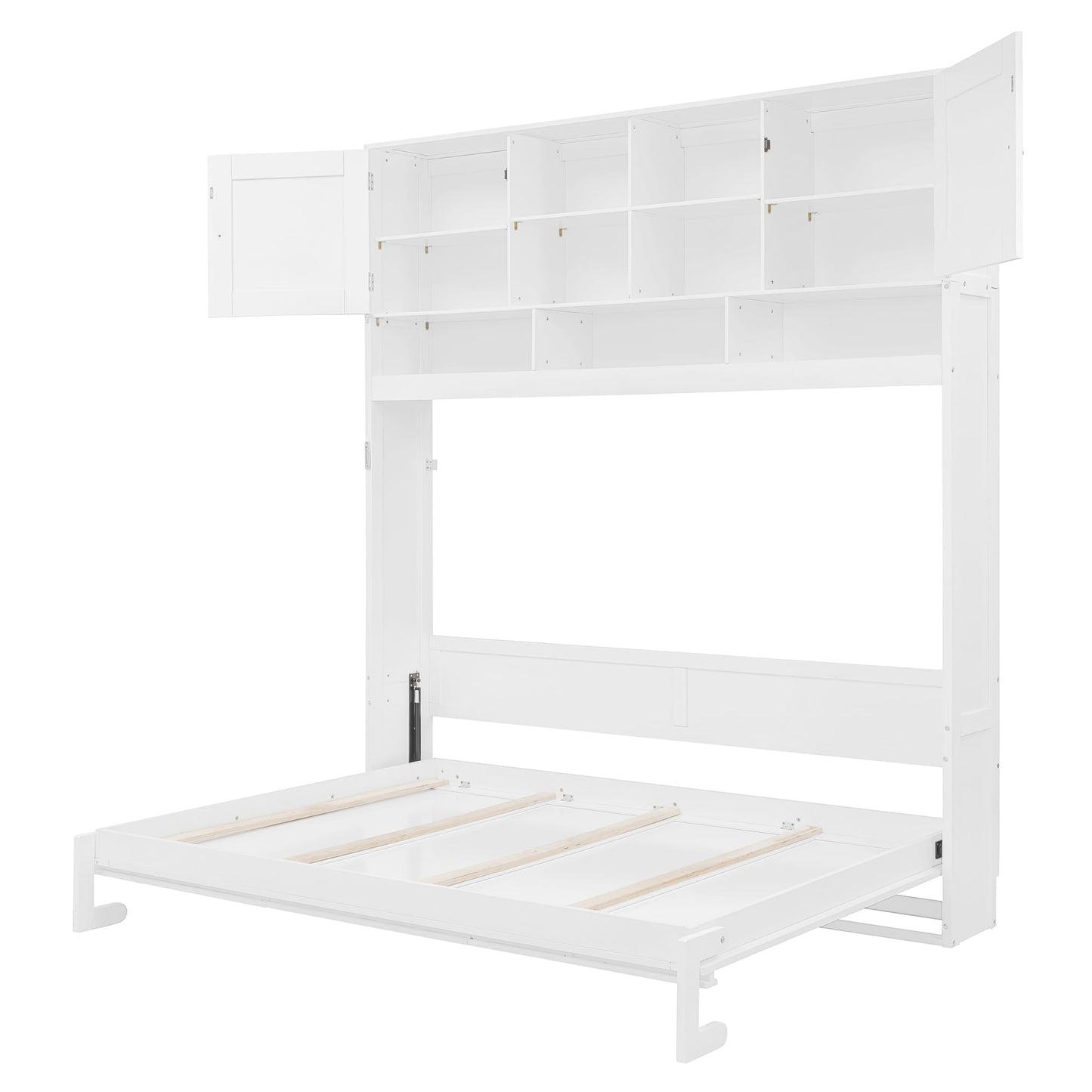 Merax Queen Size Murphy Bed Wall Bed with Top Storage Cabinets and Shelves, Fold into The Wall, Space-Saving Design, White Foldable Platform Bed Frame with Chevron Stripes, for Bedroom, Guest Room