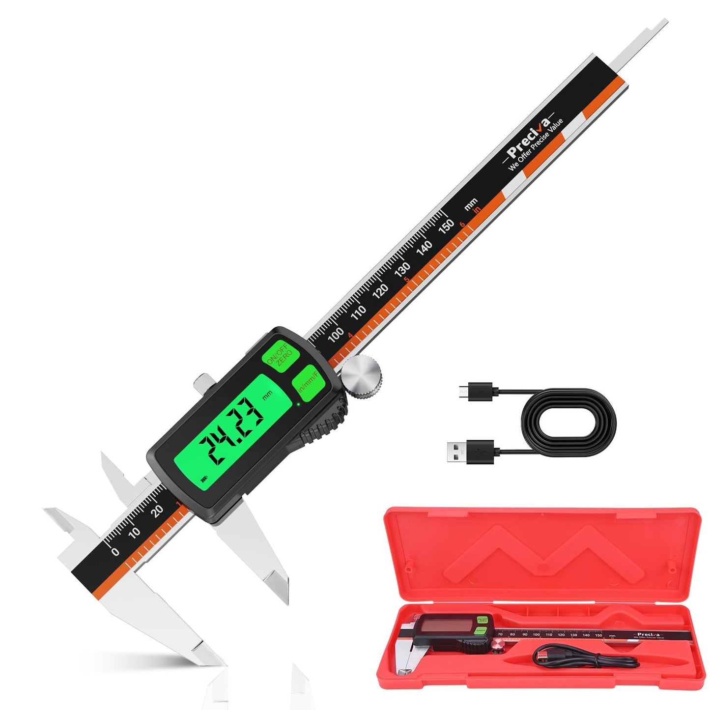 Digital Caliper, Type-C Rechargeable Stainless Steel Vernier Caliper, F/MM/in Conversion, Large LCD, USB Charging Digital Caliper Measuring Caliper for DIY, Woodworking & Professional Use (Black)