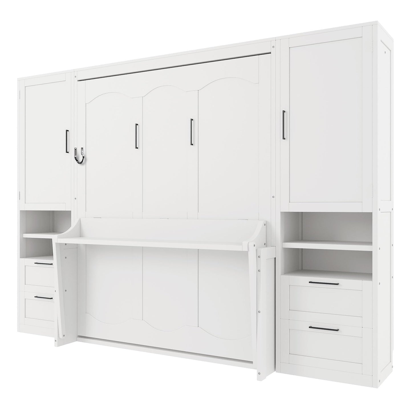 Merax Queen Size Murphy Bed with Desk, Multifunctional Foldable Wall Bed with Closet, Drawers and Shelves, Space-Saving Wood Platform Bed Frame for Small Spaces Studio Study Office Guest Room, White