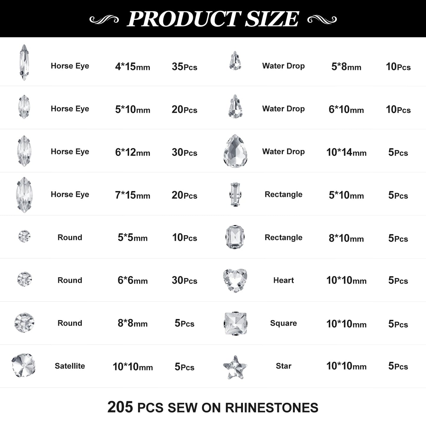 YHMQDU Sew on Rhinestones 205 PCS Glass Mixed Shapes Sew on Crystal Gems Flatback with Silver Claw for Jewelry Crafts Clothes Shoes Costume (Sliver Rhinestones)