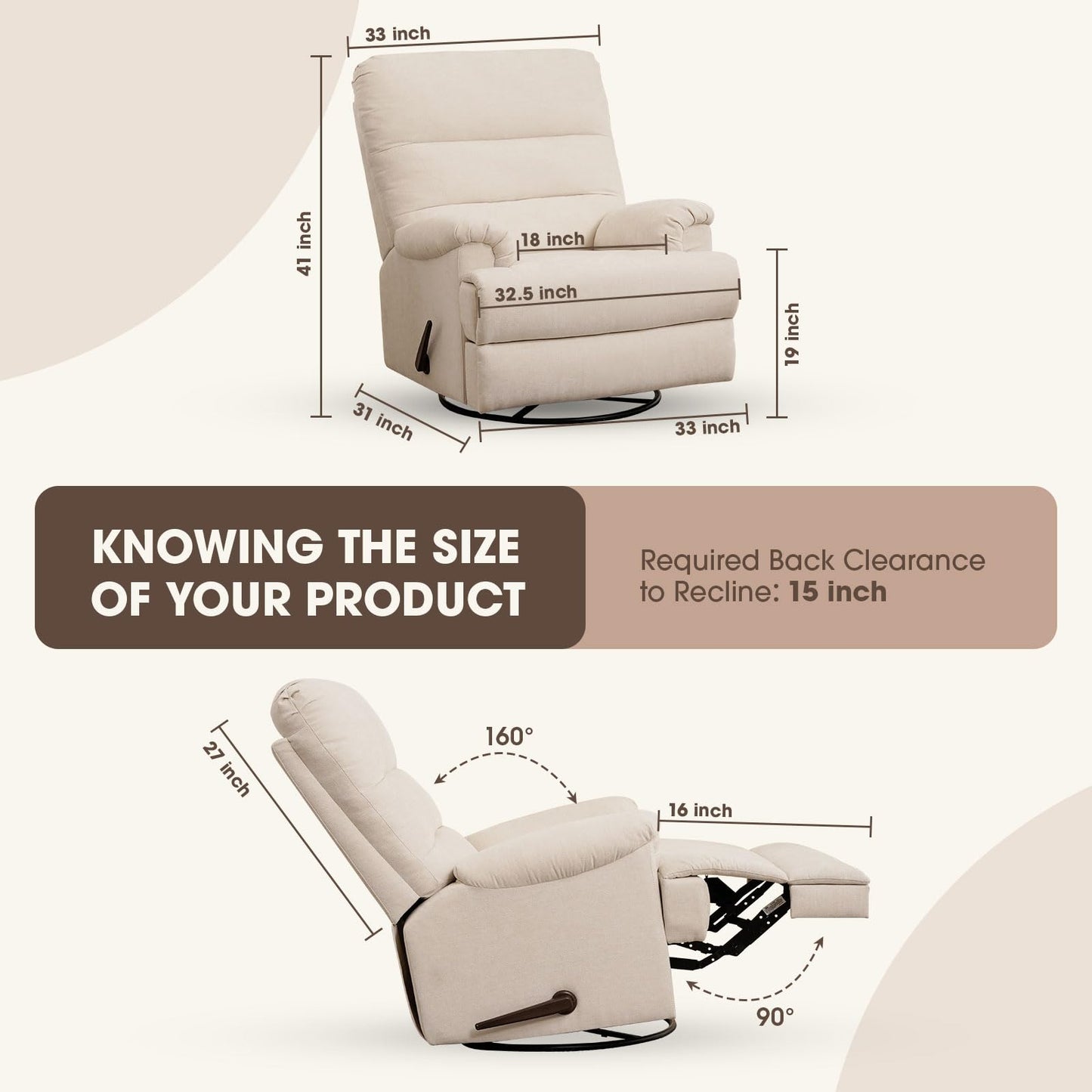 Divanus Large Glider Rocker Recliner,Beige Swivel Rocking Recliner Chair,Reclining Sofa Rocking Chair Nursery,23 Inches Deep Seat & 27 inches High Back,for Living Room, Bed Room‎ (Beige)