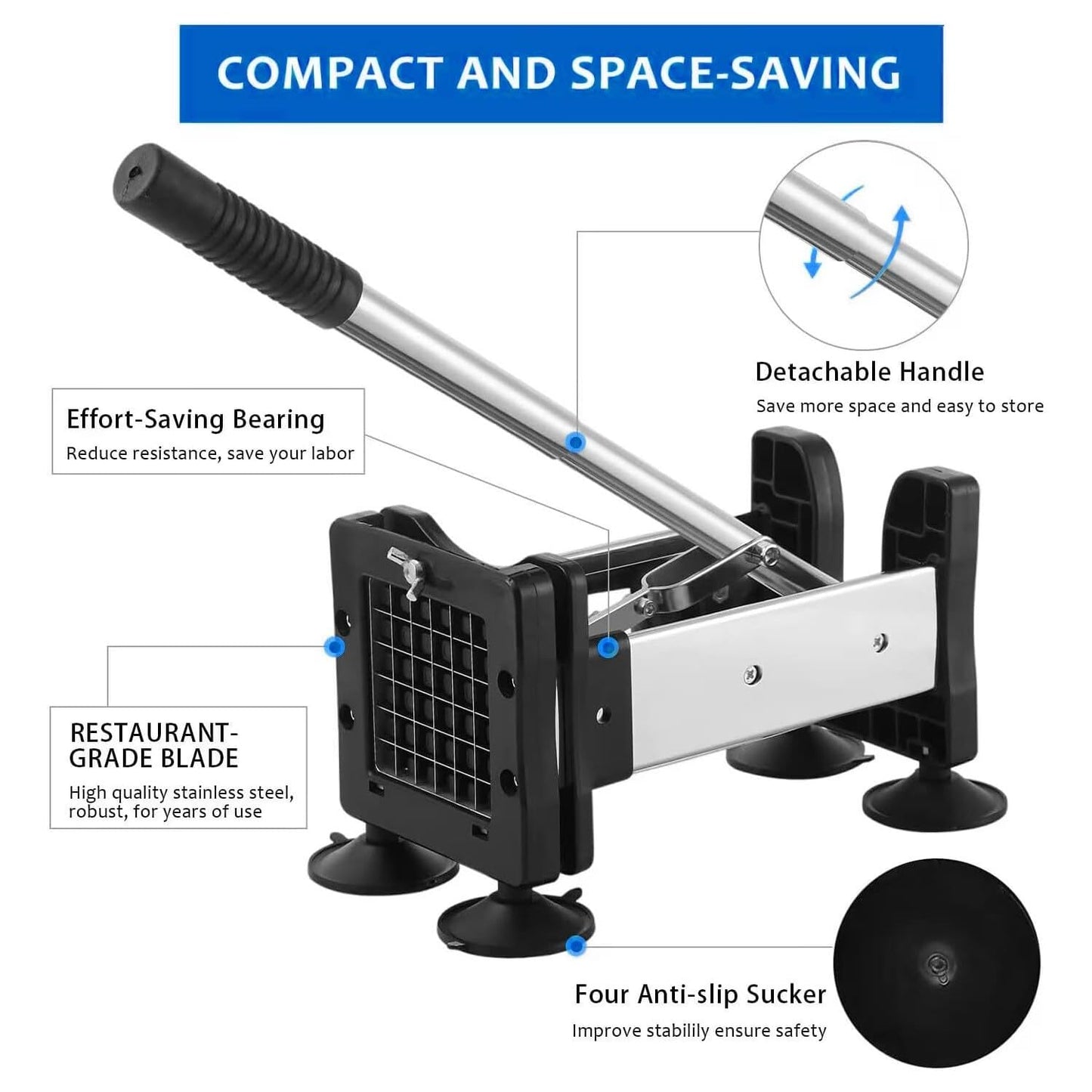 Redhoney French Fry Cutter Stainless Steel Potato Cutter With 1/2" and 3/8" Commercial Grade Blades, Vegetable Cutter Chopper for Vegetables, Cucumbers, Potatoes
