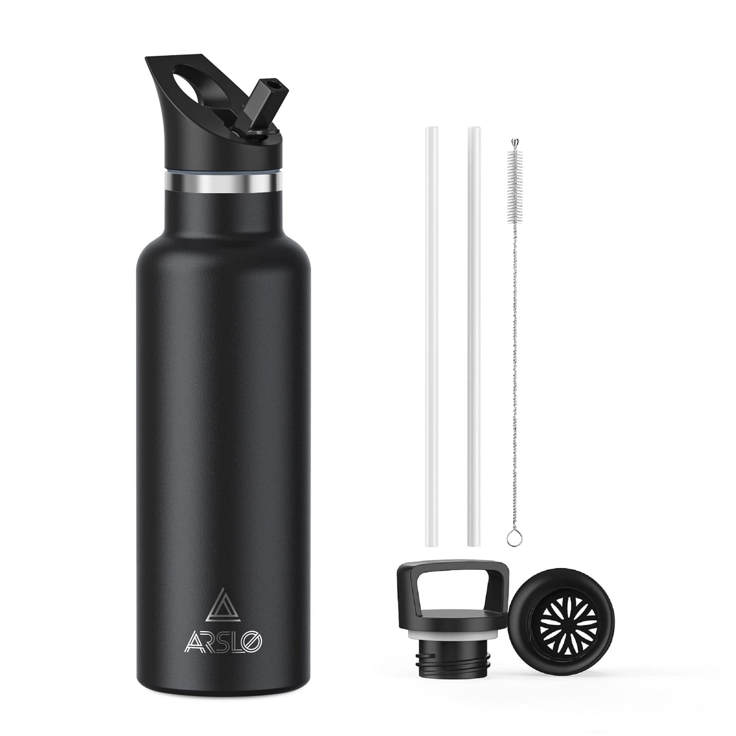 Arslo Stainless Steel Double Wall Water Bottles 20 Ounce, Vacuum Insulated Bottle With Straw Lid, Insulated Water Bottle Keeps Water Cold for 24 Hours, Hot for 12 Hours, Hiking, Sports