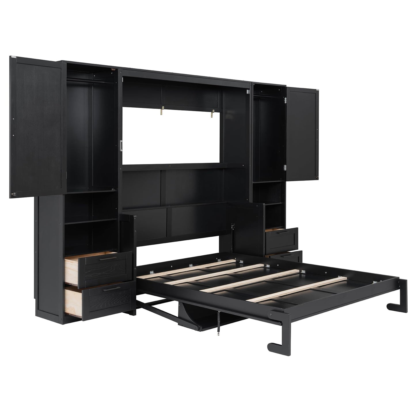 Merax Queen Size Murphy Bed with Desk, Multifunctional Foldable Wall Bed with Closet, Drawers and Shelves, Space-Saving Wood Bed Frame for Small Space Studio Study Office Guest Room, Black(Oak Veneer)