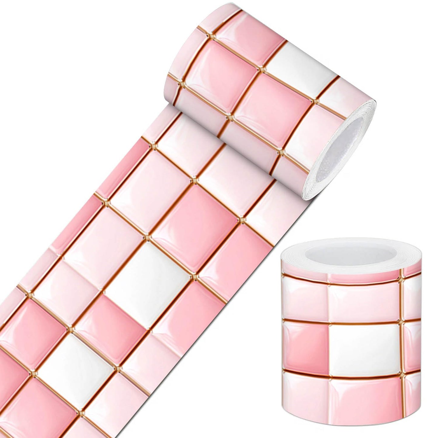 IVN Wallpaper Border Peel and Stick Decorative Wall Trim Self Adhesive Pink White Glossy Mosaic Pattern Accent Strip for Bathroom Laundry Room Pool Area Mirror Frame Shelf Wall Edge 4x196 Inch