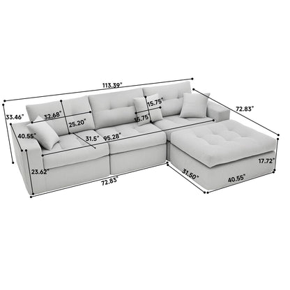 113-Inch L-Shaped Modular Corner Cloud Sofa Corduroy Tufted Foam Sectional with Deep Seat, 4 Pieces Compressed Boneless Sofa Couch with Movable Ottoman & 4 Toss Pillows