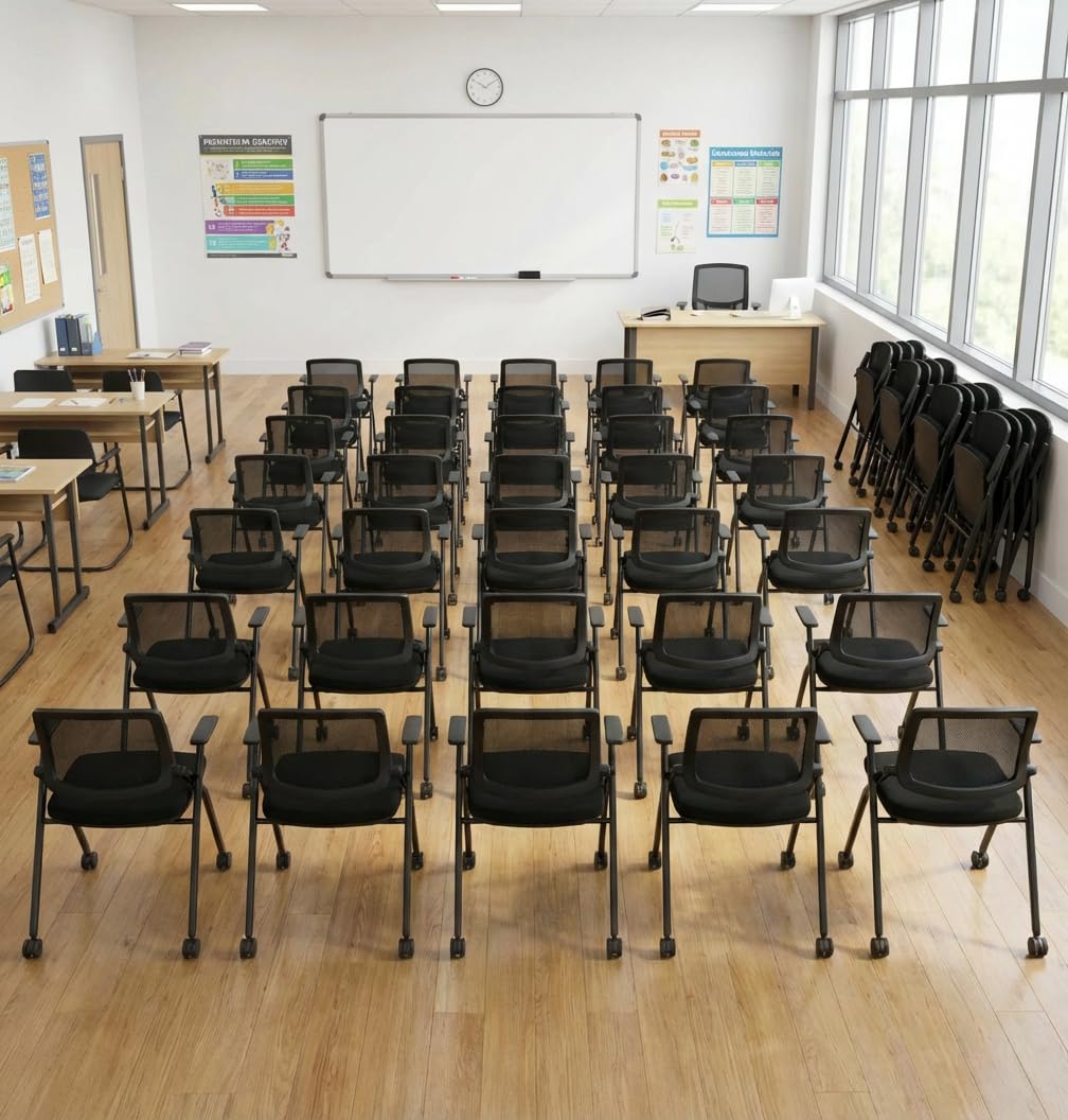 BROBRIYO Folding Chair with Wheels and Paddle, Ergonomic Mesh Back and Arms for Office, Meetings, Conferences, Receptions, Training Rooms & Folding Office Chairs - Black 70 Pack