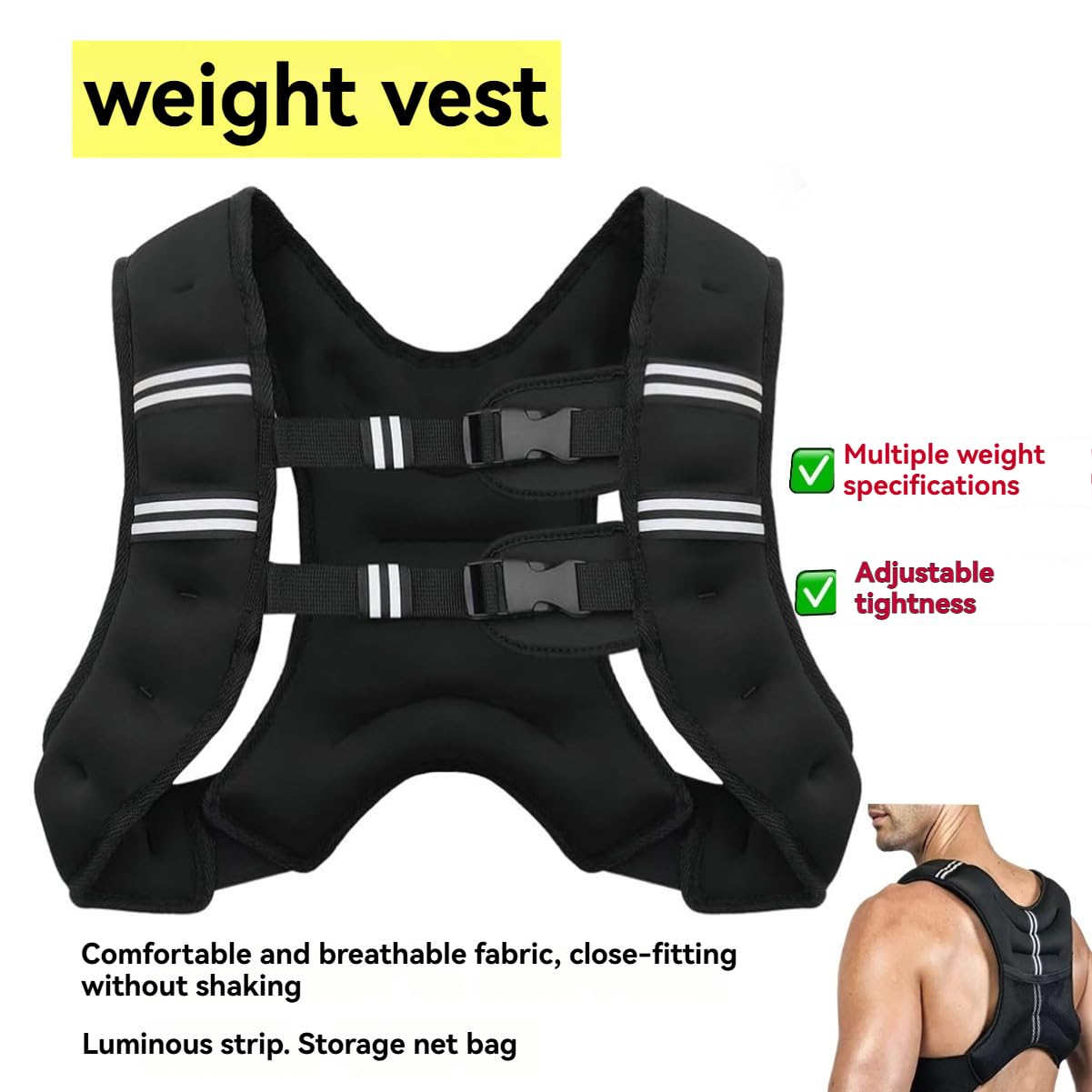 Weighted Vest with Reflective Strips for Fitness Training Workout, Strength Training, Running, Muscle Building, Weight Loss, Weightlifting (20lb Lycra fabric)