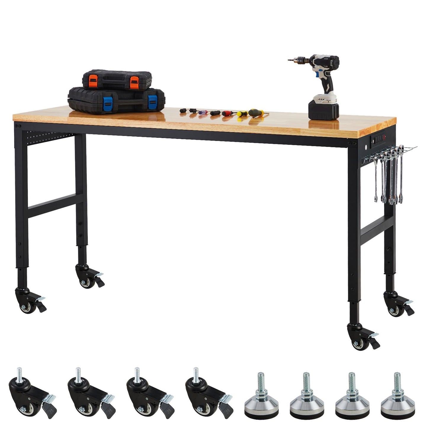 GAOMON 72"x25" Workbench, Heavy-Duty Garage Work Table, Heavy-Duty Table with Power Outlets, Rubber Wood Top, Adjustable Height 29.5"-38.4" for Workshop, Home, Office - 2000 Lbs Capacity