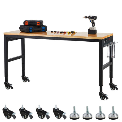GAOMON 72"x25" Workbench, Heavy-Duty Garage Work Table, Heavy-Duty Table with Power Outlets, Rubber Wood Top, Adjustable Height 29.5"-38.4" for Workshop, Home, Office - 2000 Lbs Capacity