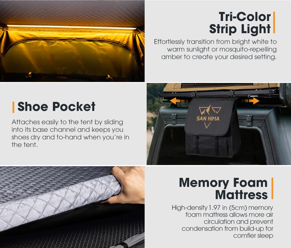 Sanhima Rooftop Tent Hard Shell - Hotham Lite Overland Aluminium Roof Top Tent 4.56" Slimline, w/Tri-Color LED Strip Light & 1.97” Thick Mattress, for Car SUV Truck Camping, 2-3 People Tent (Khaki)
