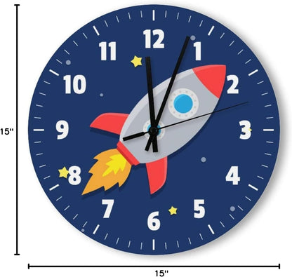 Round Wood Wall Clock, Rocket Ship Outer Space Design for Kids Room, Battery Operated, No Sound