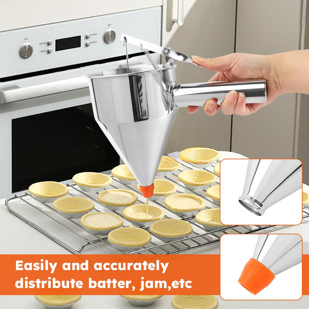 Cake Batter Dispenser, Stainless Steel Funnel Cake Dispenser with 4 Silicone Nozzles with Stand Baking Tool for Pancakes Cupcakes Muffins Crepes Waffles(40oz,1200ml)