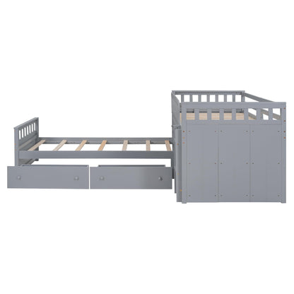 Merax L-Shaped Space-Saving Twin Loft and Twin Platform Bed with 7 Storage Drawers and Full Guardrails, Solid Wooden Bedframe for Boys Girls Adult, No Spring Box Needed, Grey