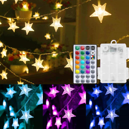 20ft, 40 Solhice Star String Lights Battery Operated Color Changing LEDs Fairy Lights, Hanging Twinkle Lights