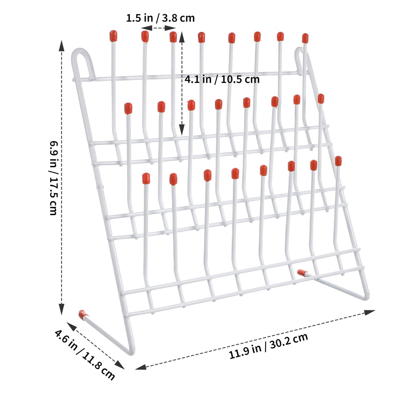 TEHAUX Lab Drying Rack, Space-Saving Lab Beaker and Tube Drying Holder with Non-Slip Red Top, Sturdy Iron Frame, 24 Pegs Vertical Drying Rack for Laboratory Glassware and Bottles (White)