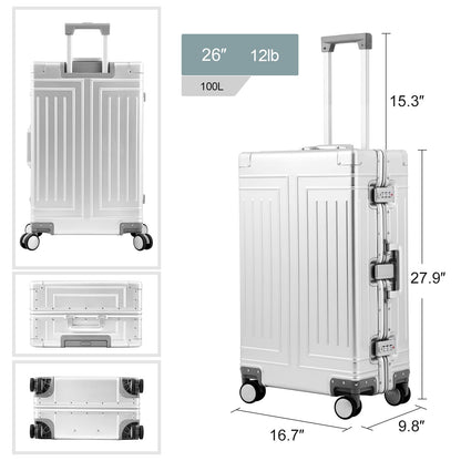 KANGSHILU All Aluminum Magnesium Luggage 28inch，Cut from Whole Aluminum Sheet（3rd Generation，Premium Magnesium Metal zipperless suitcase ） (silvery, 28inch)