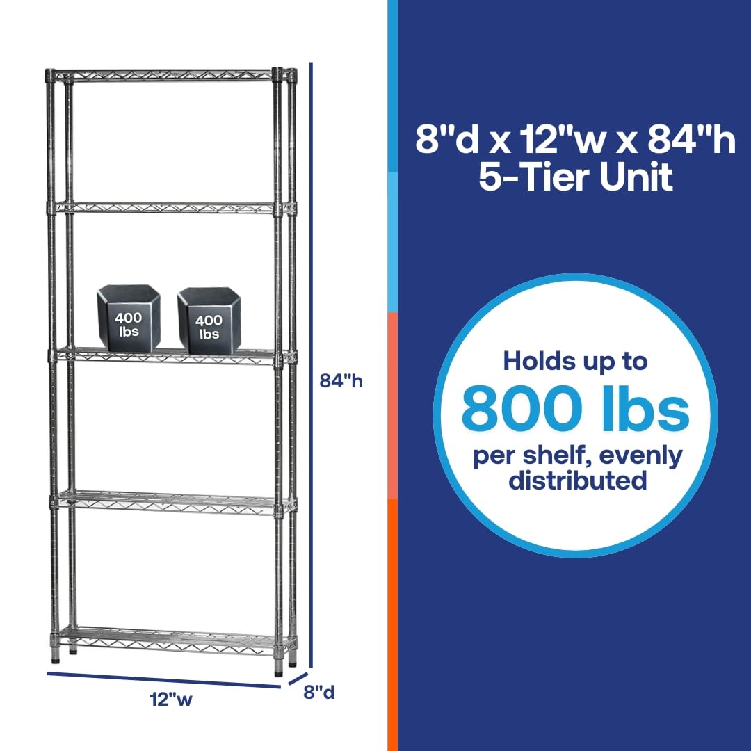 SI 5-Tier Chrome Wire Shelving Unit, 8" d x 12" w x 84" h, 800lbs Capacity Each, Modern Industrial Style, Perfect for Kitchen, Office, Garage, Bathroom, or Basement