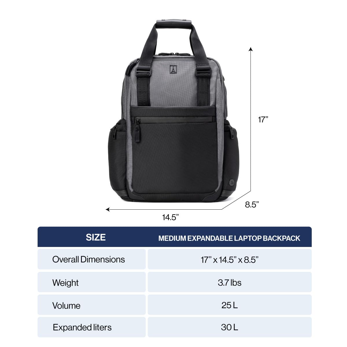 Travelpro Altitude Medium Expandable Travel Laptop Backpack 25-30L, 16 Inch Laptop, Water Resistant, Work, Business, Men and Women, Falcon Grey
