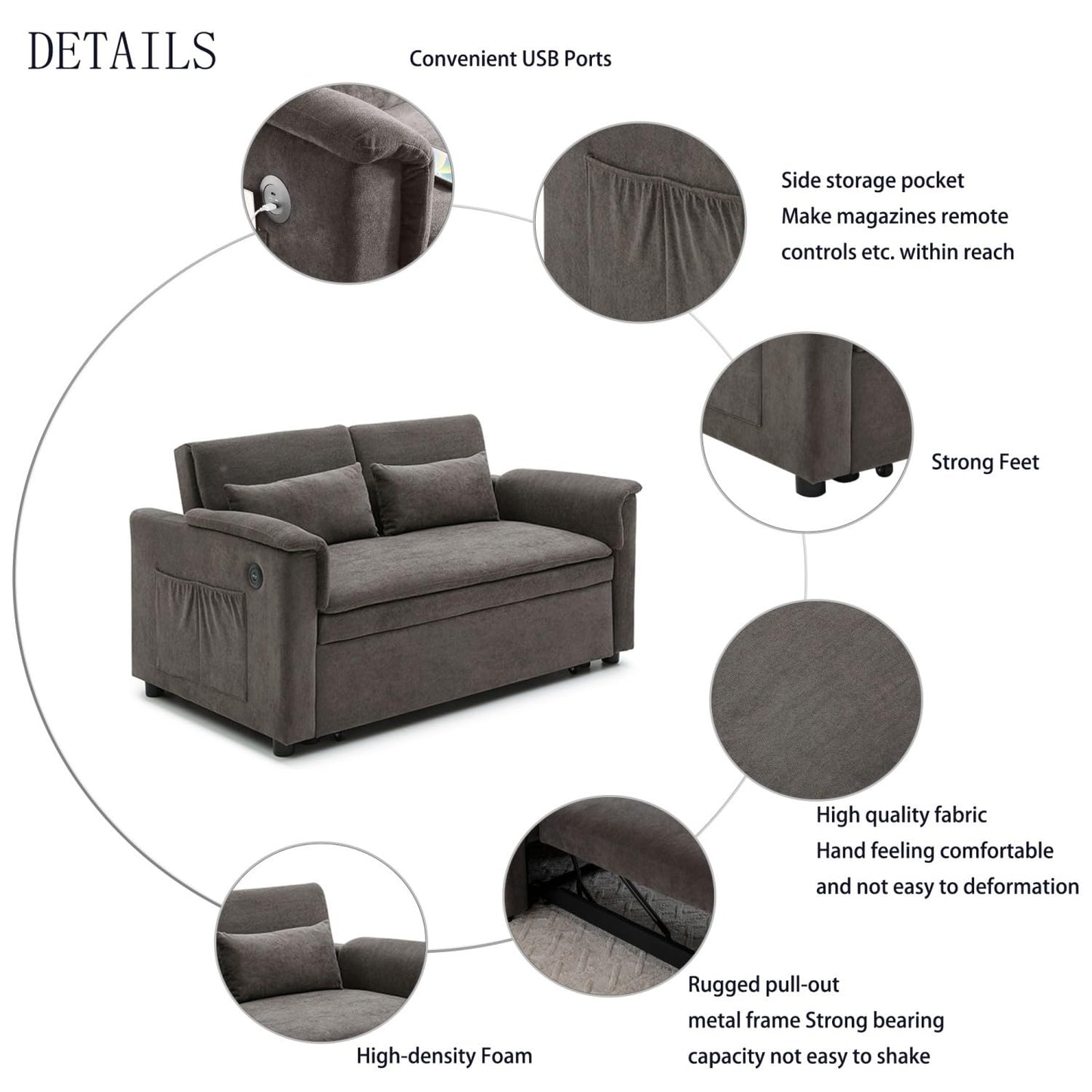 55" Convertible Futon Sofa Bed, Velvet 3 in 1 Sleeper Sofa Bed, Pull Out Couch with USB Ports & 2 waist pillows, Adjustable Backrest Loveseat Sofa, Small Couches for Living Room Apartment, Taupe Brown