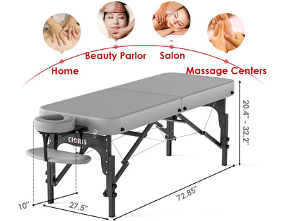CLORIS 84" Professional Massage Table Portable Reinforced Wooden Leg 2 Folding Lightweight Spa Salon Tattoo Massage Bed Height Adjustable Hold Up to 1100LBS with Carrying Bag Grey