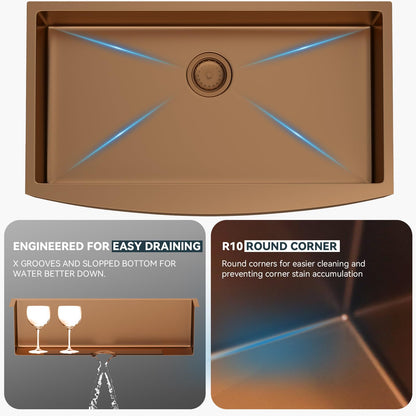 Lordear 36 inch Farmhouse Kitchen Sink Undermount Sink Matte Bronze 16 Gauge Stainless Steel Deep Single Bowl Burshed Rose Gold Farm Sink With Accessories