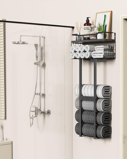 Aetyord Towel Racks for Bathroom 31inch Wall Mounted Towel Rack,Floating Shelf with Wood Plank,Towel Storage for Bathroom can Holds 6 Large Rolled Towels,All Black