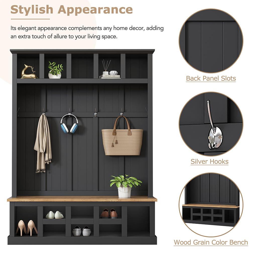 Hall Tree with Bench and Shoe Storage, 3-in-1 Entryway Furniture with Shoe Bench, 13 Open Compartments and 6 Hooks, Multifunction Hall Tree for Hallway, Entryway, Bedroom, 18"D x 59"W x 78.8"H,Black