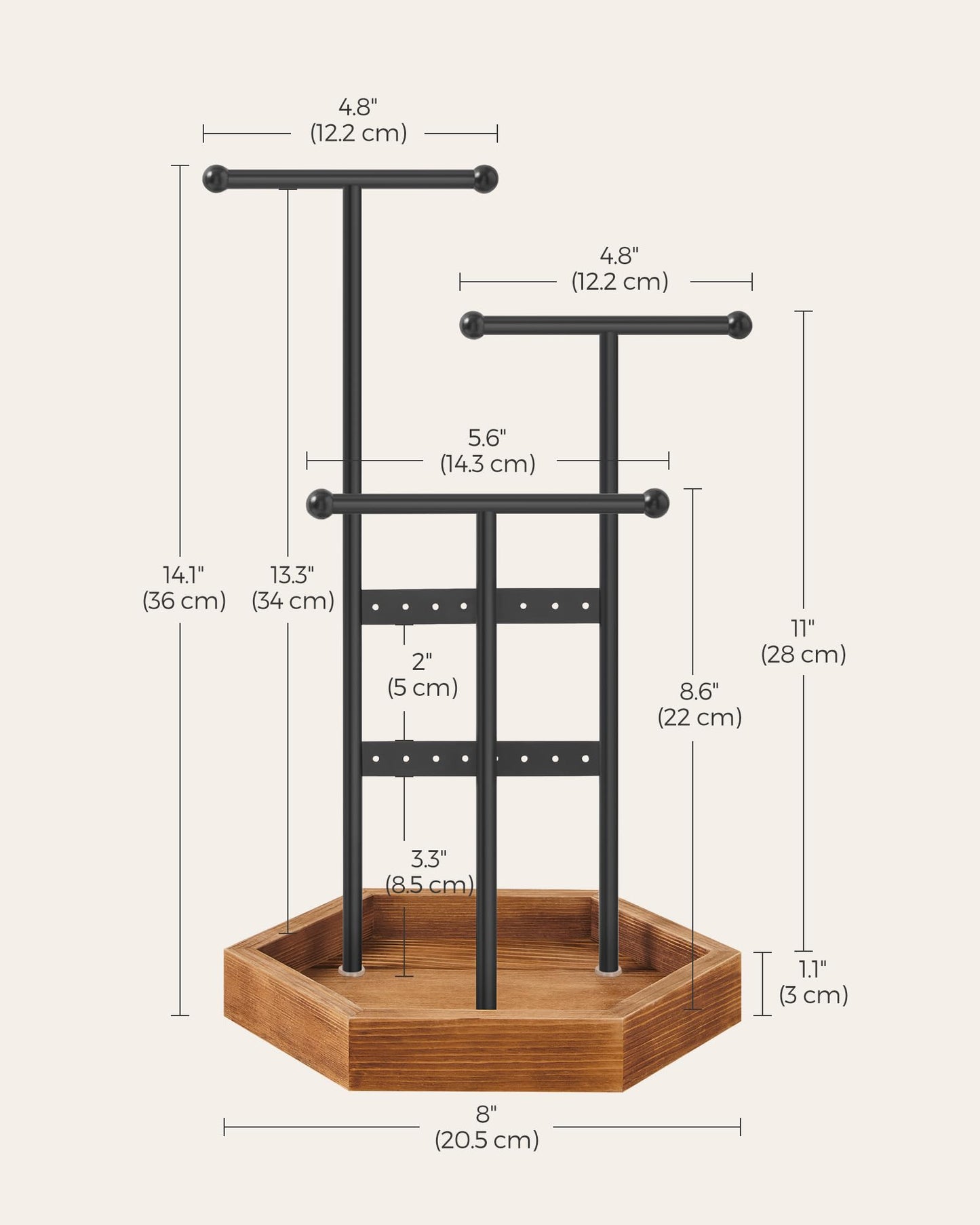 SONGMICS Jewelry Holder, Jewelry Organizer, 3 Tiers and 1 Tray, Jewelry Display Stand with Metal Frame, Necklace Earring Bracelet Holder, for Rings, Ink Black and Caramel Brown UJJS03CB