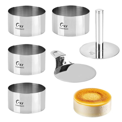 Guowall 4 pack Seamless Mousse Cake Ring set Stainless Steel 4 inch Round Food Mold Dessert Cutter for Baking (Includes 1 Lifter, 1 Pusher and 4 Rings)