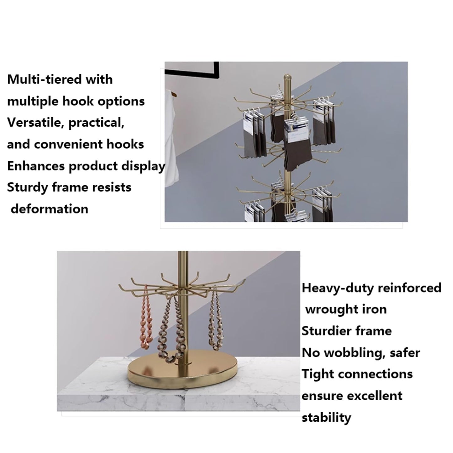 Rotating Retail Display Stand, Metal, Round Sock Display Rack, Commercial Clothing Store Shelf, for Handbags, Wreaths, Hats, Scarves, Jewelry & Crafts, 7Tier(Gold)