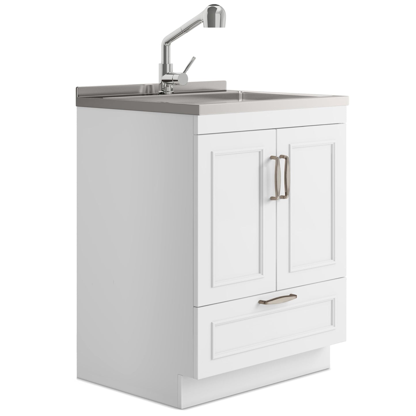 SIMPLIHOME Cardinal All-in-One 28 inch Wide Utility Sink and Laundry Cabinet in Pure White Finish, Transitional Stainless Steel Sink Cabinet for Laundry Rooms with Pull-Out Brushed Nickel Faucet