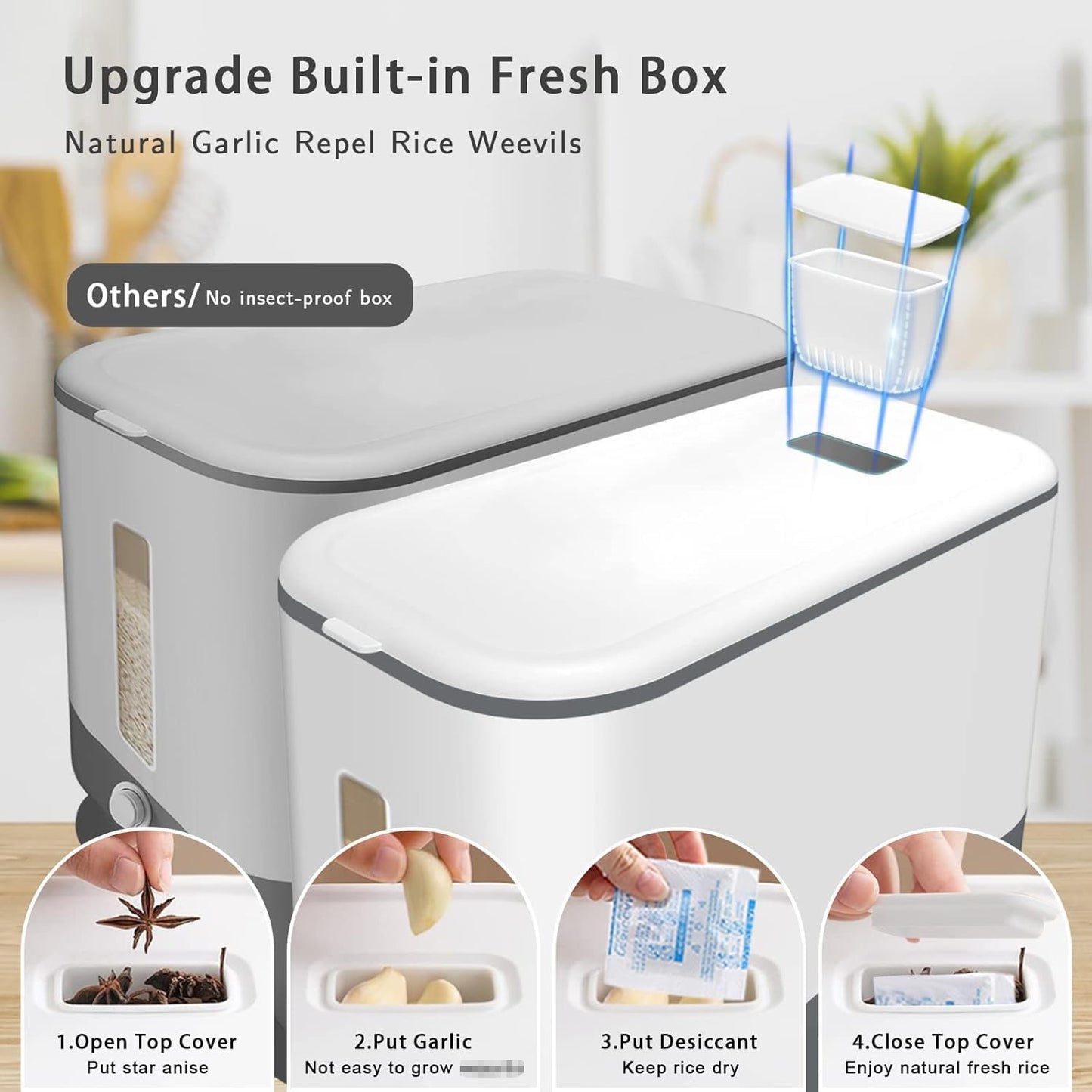 22-25 Lbs Lenwi Rice Dispenser, Large Cereal Dry Food Storage Containers with Measuring Cup,BPA-Free Household