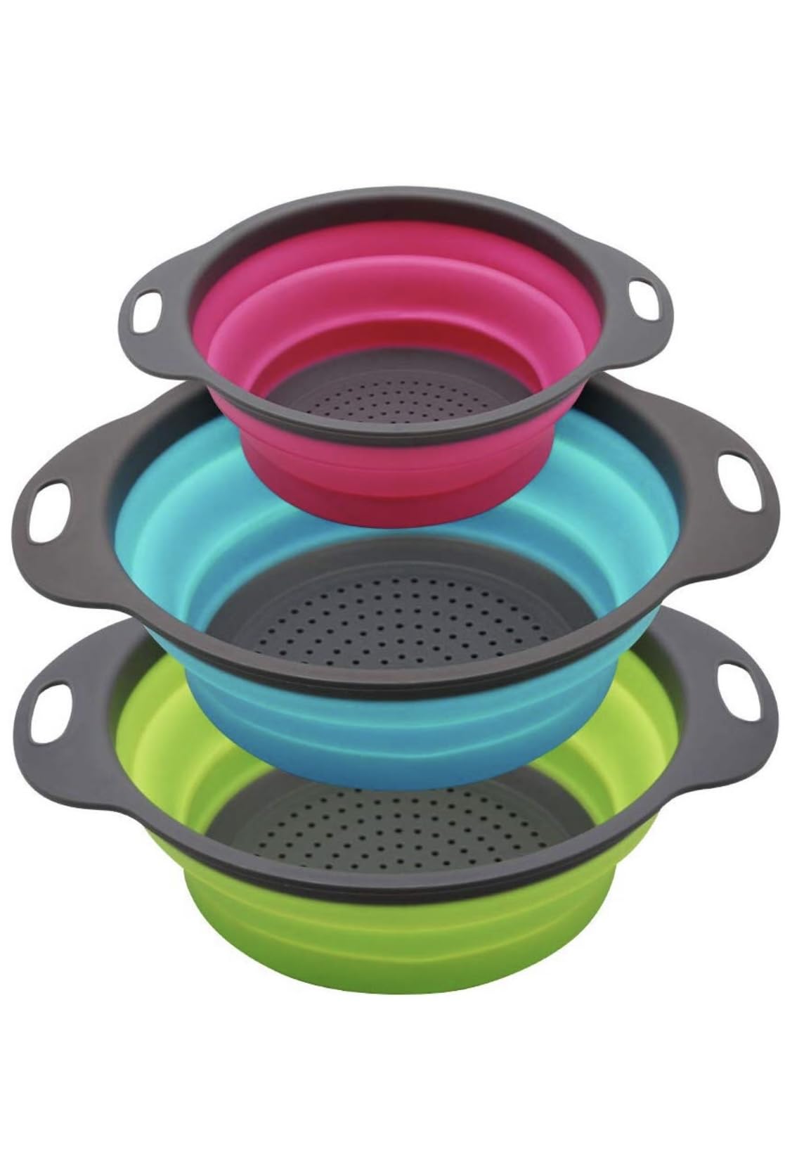 New and improved- Set of 3 Niklye Ultimate Kitchen Strainers—1×10” & 2×12” Collapsible Silicone Colanders. Now more durable and robust for everyday use with pasta, veggies, fruit & more.